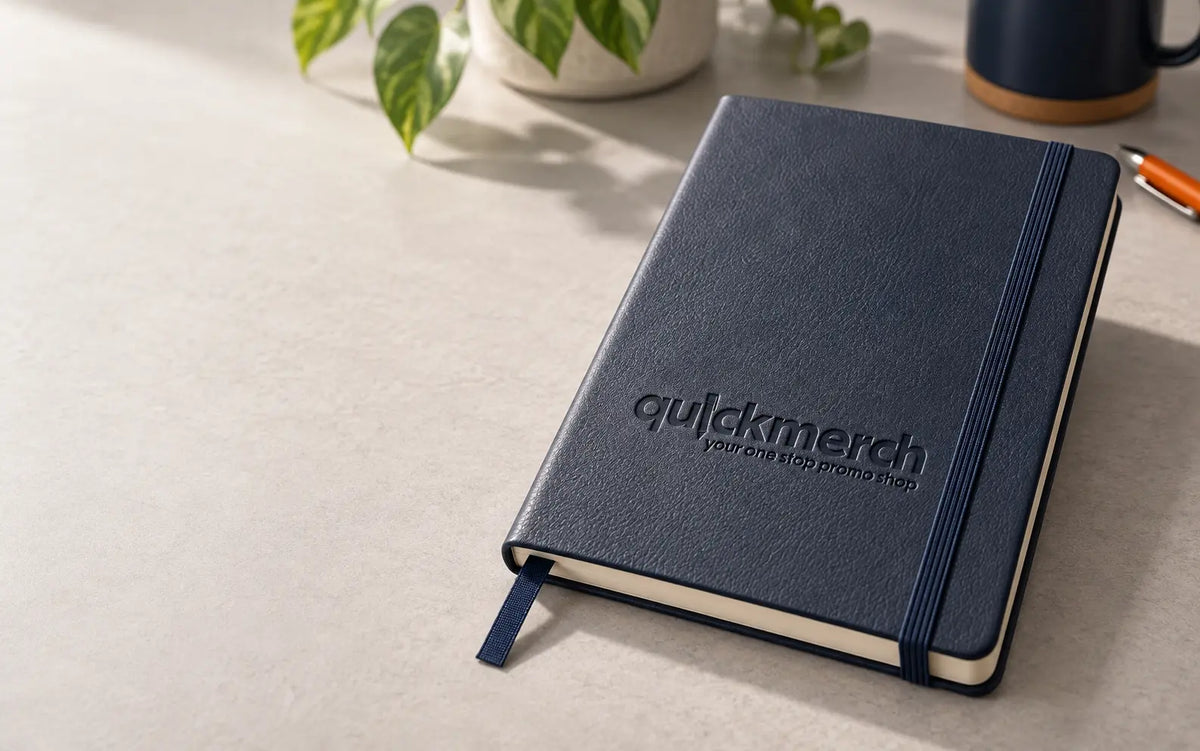 QuickMerch logo debossed into a premium notebook cover