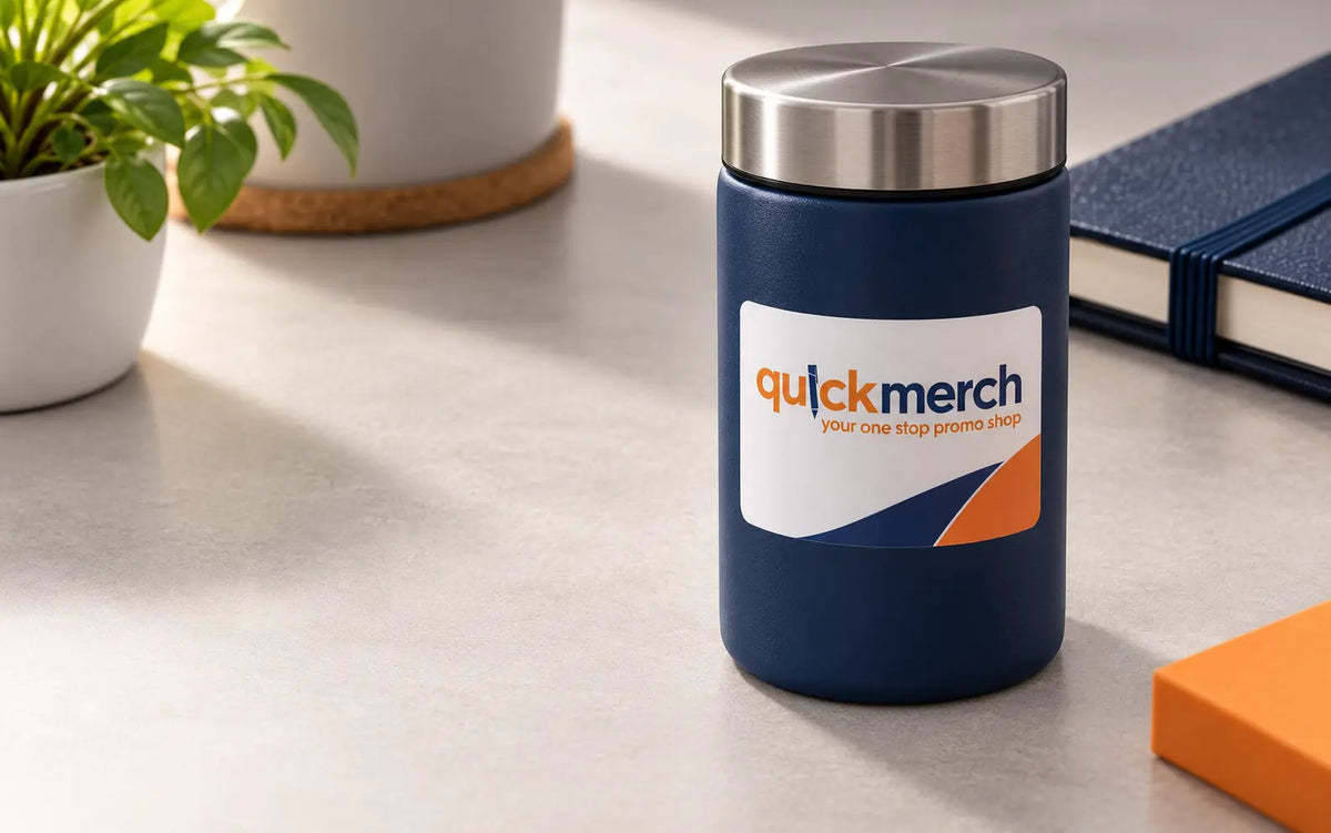 QuickMerch branded digital label applied to promotional packaging