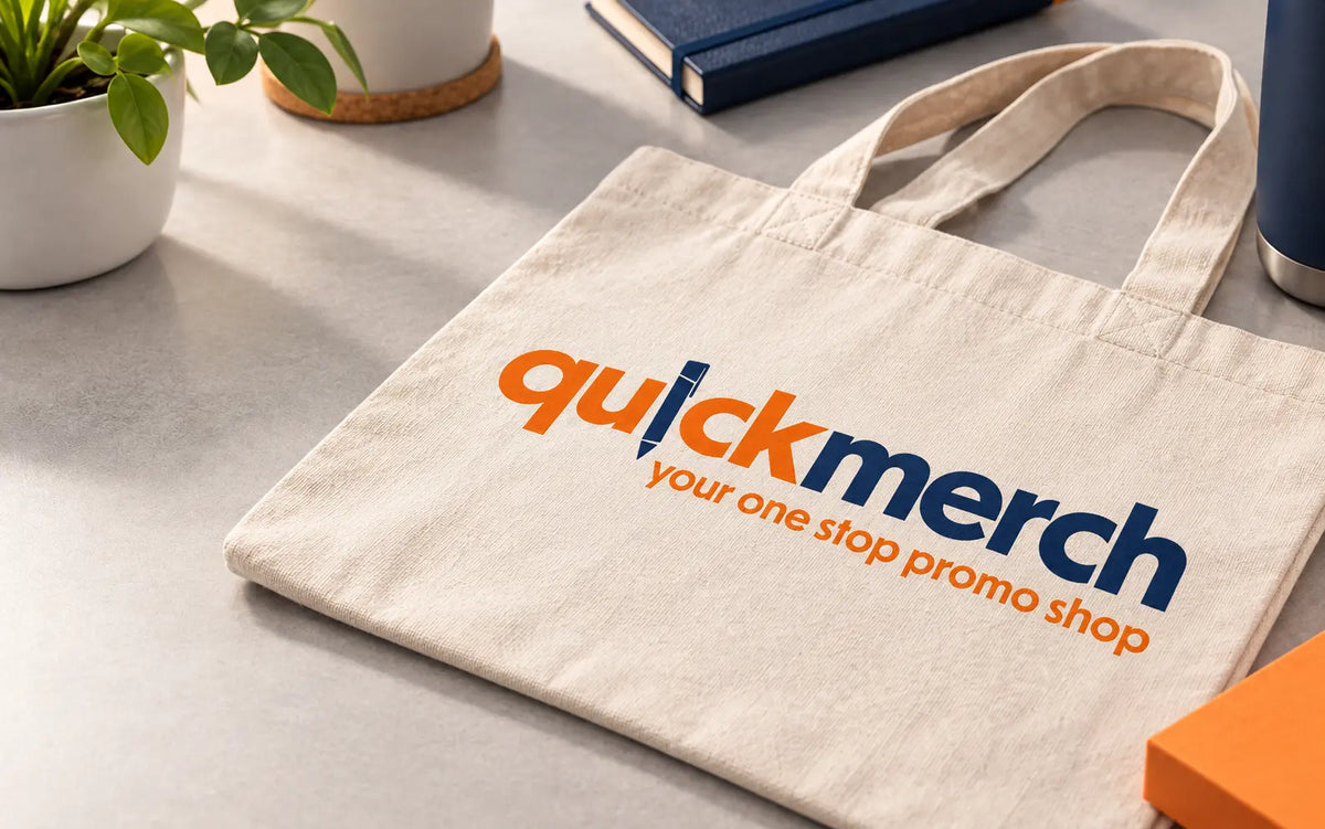 QuickMerch logo screen printed on a flat promotional product