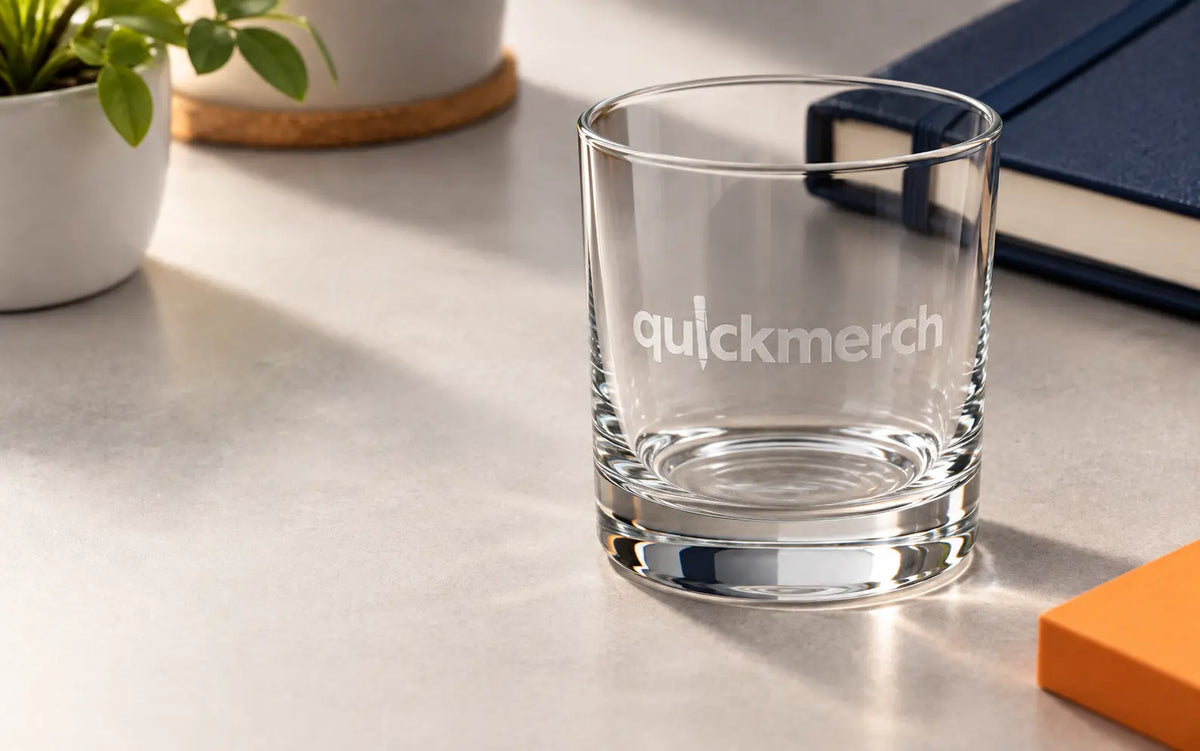 Frosted QuickMerch logo on premium glassware