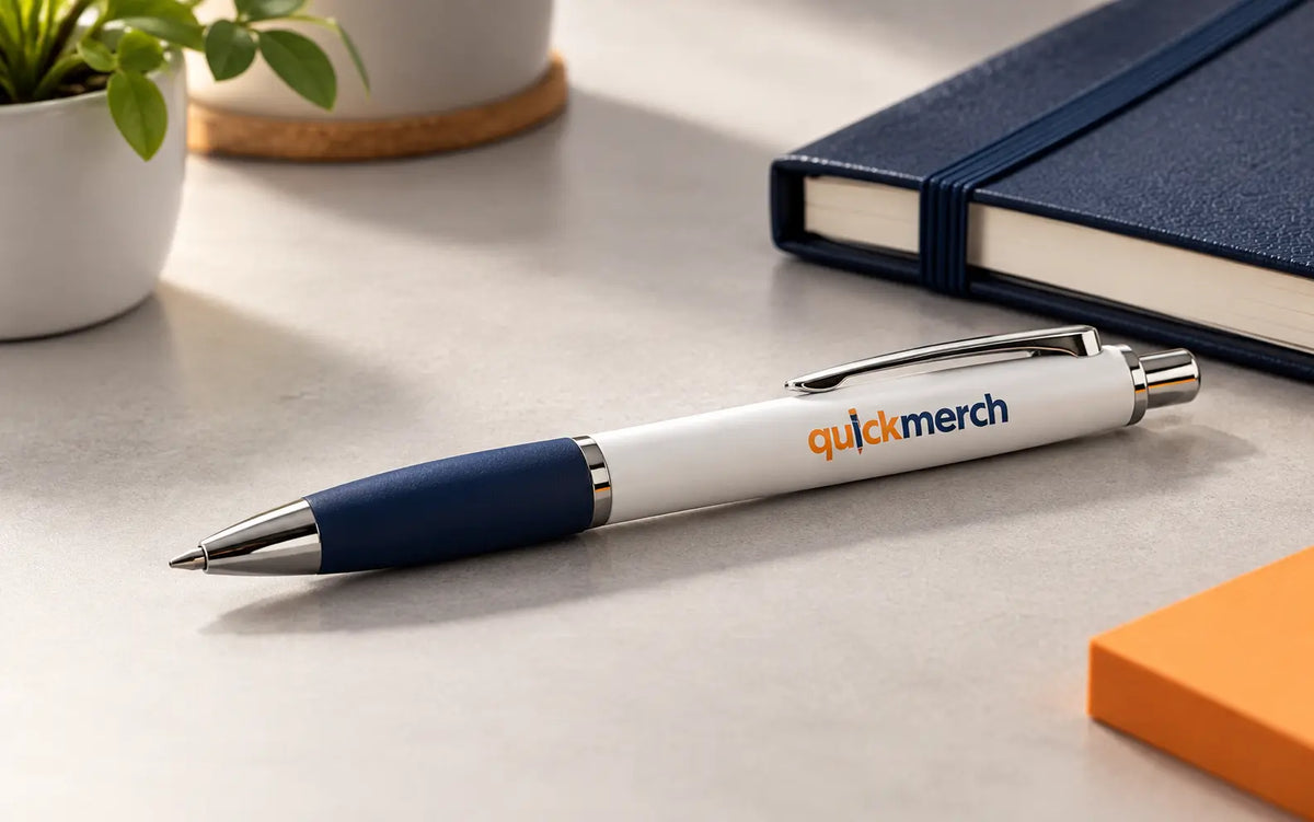 QuickMerch logo pad printed on a premium promotional pen
