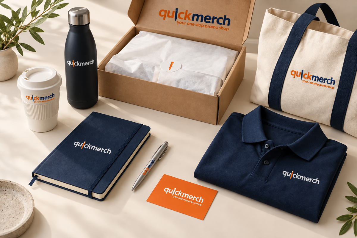 A curated corporate merchandise concept with drinkware, a notebook, apparel, a tote and welcome packaging