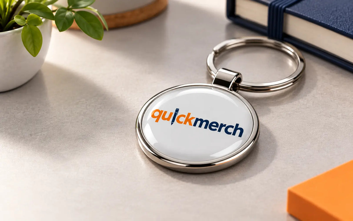 QuickMerch logo beneath a glossy raised resin dome