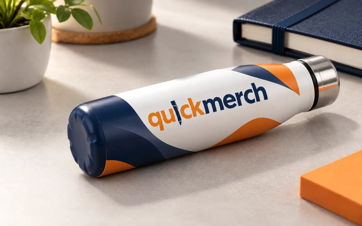 QuickMerch full colour branding wrapped around a promotional bottle