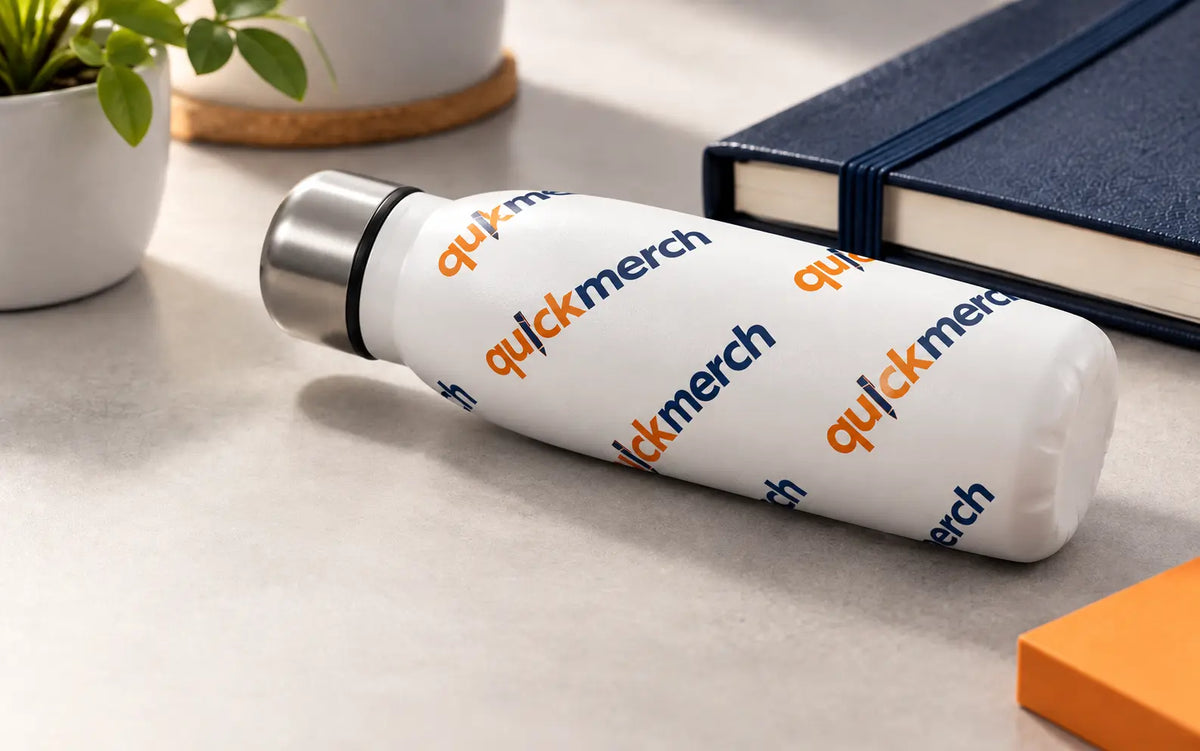 QuickMerch spot colour screen print wrapped around a promotional bottle